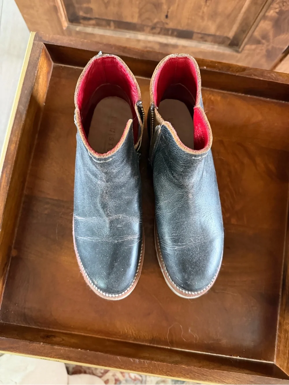 Bed Stu Black Leather Ankle Boots with Red Lining